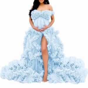 Elegant Strapless Blue Ruffle Gown